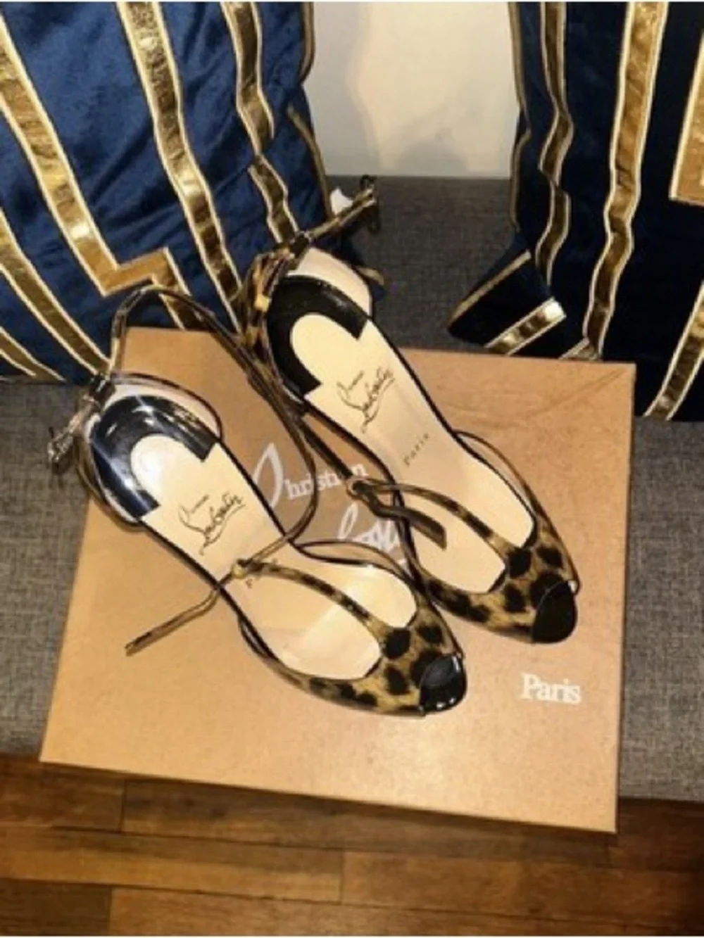 Christian Louboutin Leopard Patent Leather Peep Toe Ankle Strap Heels EU 39